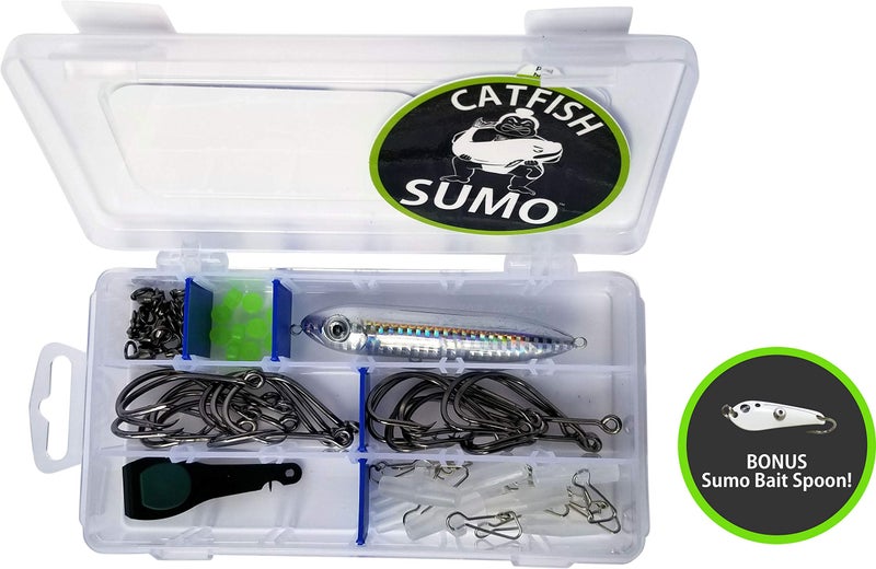 Catfish Sumo Complete Catfish Rig Tackle Set | Trophy Catfishing Kit with 8/0 Circle Hooks, Storage Box, Sinker Sliders, Knot Protectors, Swivels, Rattling Line Float, Nippers and Decal - Image 2